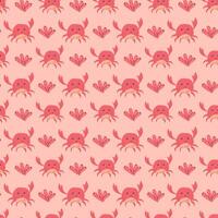 Cute pink crab and seashell pattern on light background vector