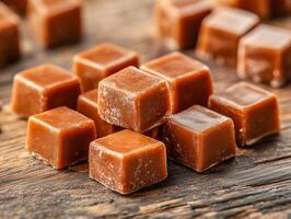 Cubed caramel candies on a wooden surface photo
