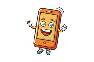 Friendly cartoon smartphone with expressive eyes, waving gestures, and lively personality, isolated on a clean white background vector