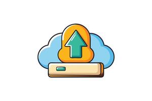 playful upload icon illustration featuring upward arrow, cloud background, and vibrant cartoon style ideal for digital technology themes vector