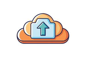 cartoon upload icon with cloud and upward arrow, vibrant colors, and clean design symbolizing data transfer and cloud storage vector
