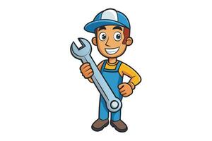 smiling cartoon mechanic character with wrench tool, dressed in bright uniform, perfect for repair service illustrations vector