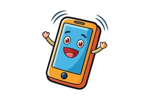 Cartoon happy smartphone character with expressive face, waving hands, and dynamic pose, isolated on white background illustration vector
