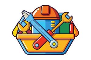 Colorful cartoon toolbox with various repair tools, including wrenches, screwdriver, hammer, and flashlight, on a white background vector