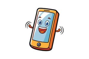 Vibrant cartoon smartphone mascot with cheerful expression, animated arms, and joyful energy, isolated on white background vector