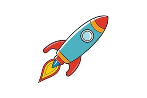 Stylized cartoon rocket design with red fins, fire trail, and blue window, symbolizing exploration, startup success, and technology vector