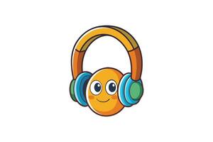 Cute emoji face with large headphones in vibrant colors, representing music enjoyment, audio entertainment, and playful vibes vector