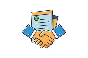 illustration of a handshake agreement with a signed document, symbolizing partnership, contract approval, and successful deal vector