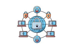 vibrant vpn security illustration with shield mascot, secure connections, and lock symbols representing encrypted online protection vector