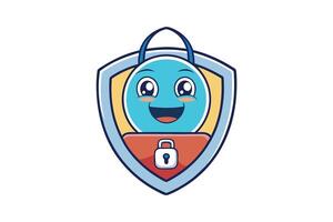 cartoon vpn icon featuring a smiling shield, padlock, and globe background, symbolizing secure internet access, privacy, and encryption vector