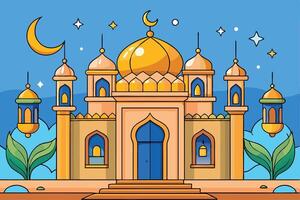 Ramadan Islamic Background showcasing a traditional mosque with elegant domes, crescent moon, and glowing details in a colorful style vector