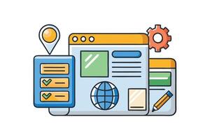Illustrated set of website and UI UX design icons showcasing elements like settings, navigation, and interface layout on white background vector