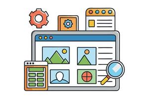 Creative UI UX design illustration with website interface elements, navigation tools, and optimization icons on isolated white background vector