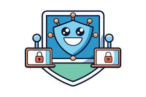 colorful vpn icon with happy shield mascot, digital globe, and secure padlock design representing cybersecurity and secure connections vector