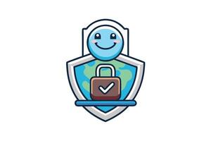colorful vpn security shield with cheerful face, padlock, and digital globe, representing data privacy, secure networks, and protection vector