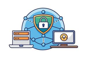 playful cartoon vpn symbol with smiling shield, connected laptops, and padlock elements highlighting privacy, security, and online safety vector