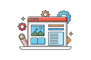 Flat style illustration of website design icons with interface layout, settings, analytics, and optimization tools on white background vector