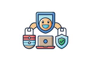 cartoon style vpn security icon with smiling shield, network connections, and secure padlocks symbolizing privacy, protection, and encryption vector