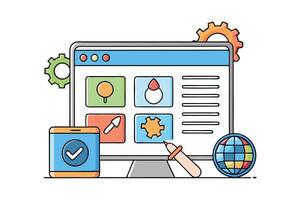 Colorful web development and user interface icons featuring browser windows, tools, and global connectivity elements on white background vector