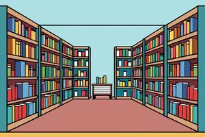 Cartoon style library scene featuring rows of colorful books, a peaceful reading area, and a creative, educational atmosphere vector