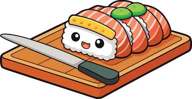 Playful sushi rolls illustrated as charming characters on a cutting board, combining food and animation in a vibrant visual style vector
