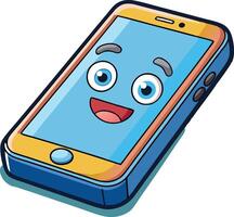 Cartoon illustration of a happy smartphone character with expressive facial features and vibrant colors, conveying a fun and friendly vibe vector