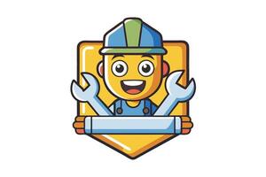Friendly cartoon mechanic character with tools, vibrant shield shaped background, ideal for repair or maintenance related branding vector