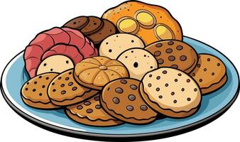 A colorful illustration of a plate filled with assorted cookies, featuring a variety of shapes, flavors, and textures for dessert lovers vector