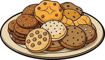 Artistic depiction of a variety of cookies arranged on a plate, showcasing chocolate chips, decorative designs, and diverse styles of baking vector