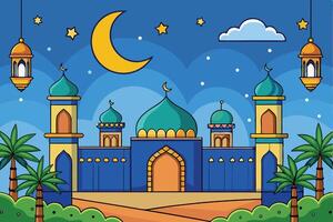 Ramadan Islamic Background with colorful mosque illustrations, crescent moon, lanterns, and starry sky in a festive design vector