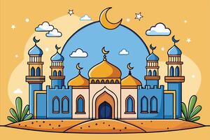 Beautiful cartoon style mosque illustration with crescent moon and desert background, Ramadan Islamic elements vector