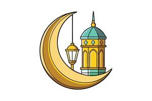 Ramadan Islamic Background featuring a golden crescent moon and elegant lanterns in a vibrant and minimalistic artistic style vector