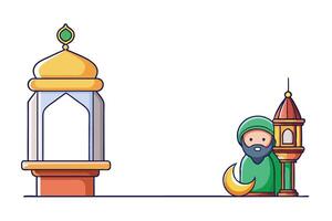 Playful Ramadan themed artwork with crescent moon, traditional lanterns, and vibrant characters for creative projects vector