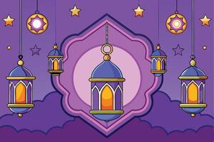 Decorative Ramadan Islamic background with purple tones, lantern ornaments, and stars creating a serene celebration atmosphere vector