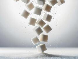 Falling sugar cubes create a dynamic display on a soft white surface against a blurred background photo