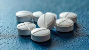 Pills scattered on a blue surface reflecting soft light in a medical setting photo