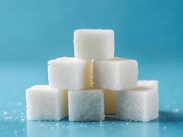 Sugar cubes stacked on a blue background creating an abstract culinary display in minimalistic style photo