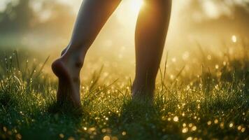 Barefoot walking in lush grass during sunset with golden light filtering through nature photo