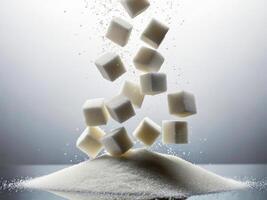 Sugar cubes cascading from above creating a spiral formation on a heap of granulated sugar photo
