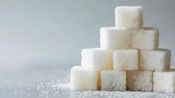 Sugar cubes stacked in a pyramid shape on a reflective surface for culinary and food photography photo