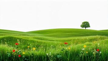 Lush green hills adorned with wildflowers and a solitary tree under a bright sky during daytime photo