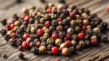 Colorful mix of peppercorns displayed on a rustic wooden surface in warm lighting photo