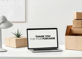 Thank you message displayed on laptop with cardboard boxes in a modern office workspace for recent purchase confirmation photo