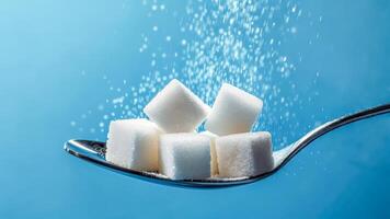 White sugar cubes piled on a spoon with sugar grains falling in a blue background setting photo