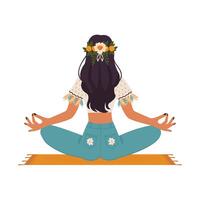 girl in boho outfit in lotus position back view isolated on white background flat illustration vector