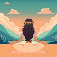 girl in lotus pose meditating on the background of mountains and lake flat illustration vector