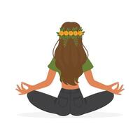 girl in lotus position in green top back view flat illustration isolated on white background vector