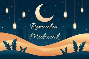 Ramadan Mubarak wallpaper design with starry night lanterns moon and desert flat illustration vector