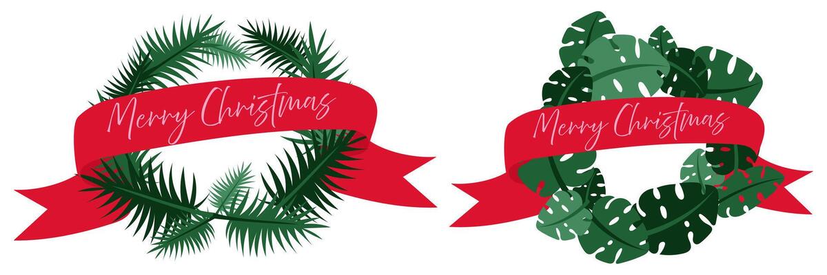 A set of tropical palm leaf wreaths for party invitations, posters. Flat exotic frame with ribbon. A collection of tropical motifs with the inscription Christmas. Winter holiday in the tropics