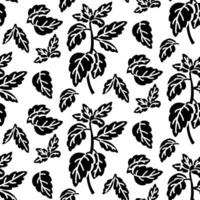 A pattern with basil sprigs. Culinary seasonings and spices, hand-drawn. repeating elements are branches and leaves. Black silhouette on a white. Seamless texture. Seasonings, spices, food additives vector